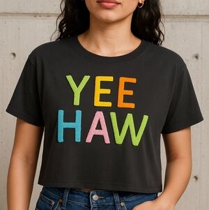 NWT Merigold Kiss Black Cropped Tee with Colorful 'YEE HAW' Size XL